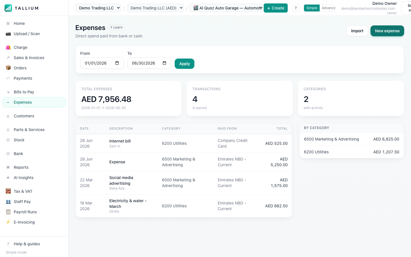 The Expenses screen. — desktop view